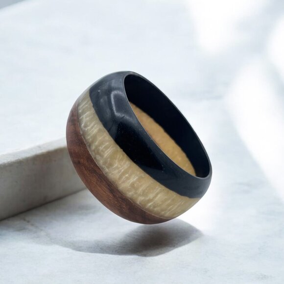 Striped Resin & Wood Bangle - Multi-Layered Boho Bracelet - Picture 4 of 4